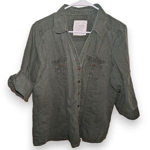 Sonoma Dark Army Olive Green Linen Convertible Rollup Sleeve Blouse 47" Chest